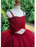 Burgundy Tulle Flower Girl Dress With Beaded Belt